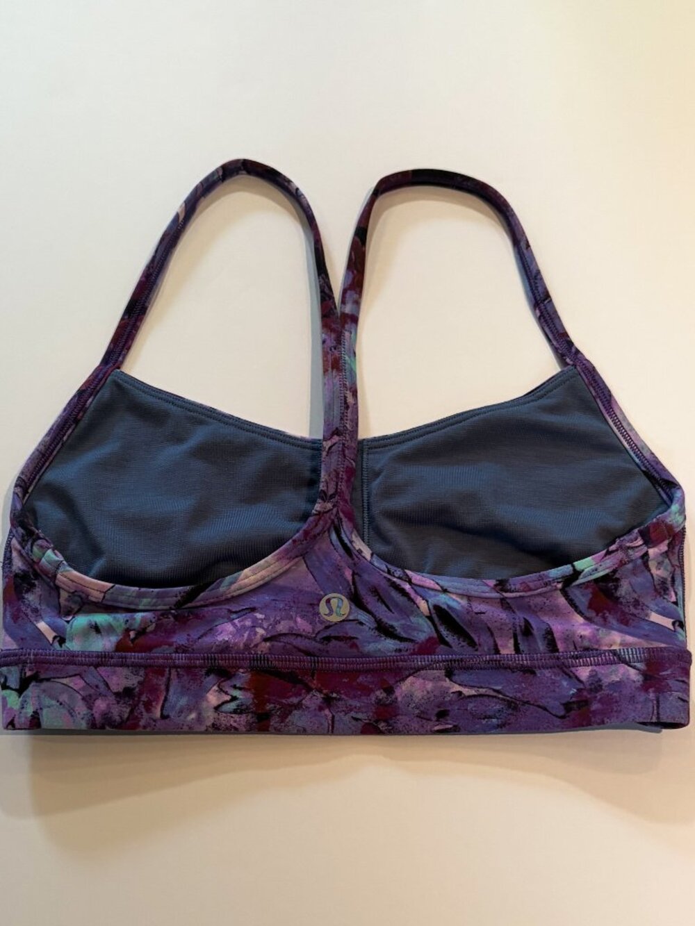 Lululemon Flow Y Bra Purple Floral Print Size 4 Light Support Yoga Bra